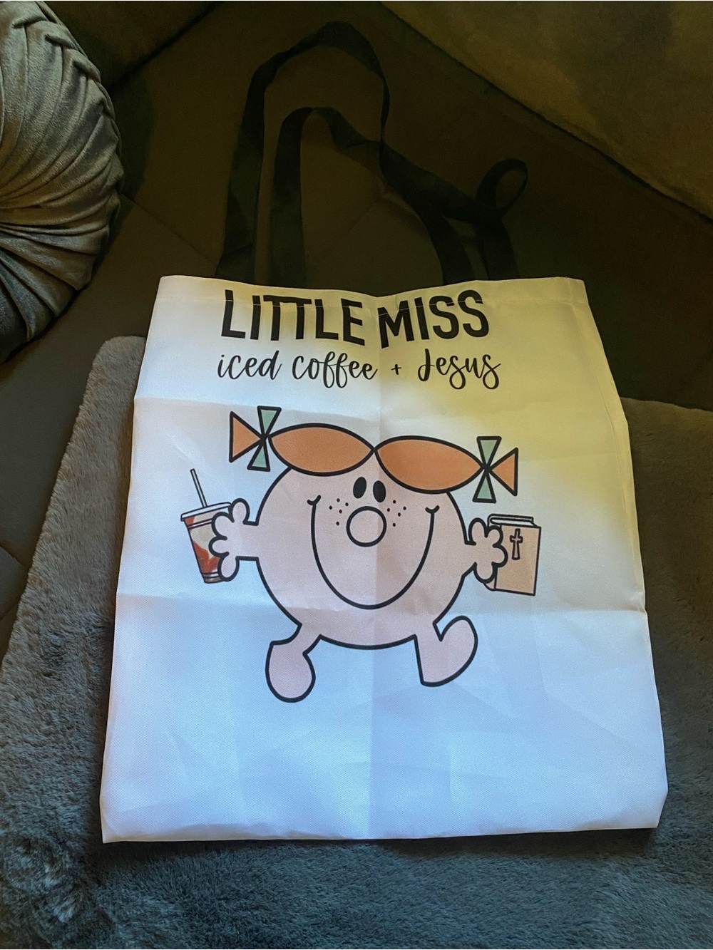 Little Miss Iced Coffee + Jesus White Tote Bag